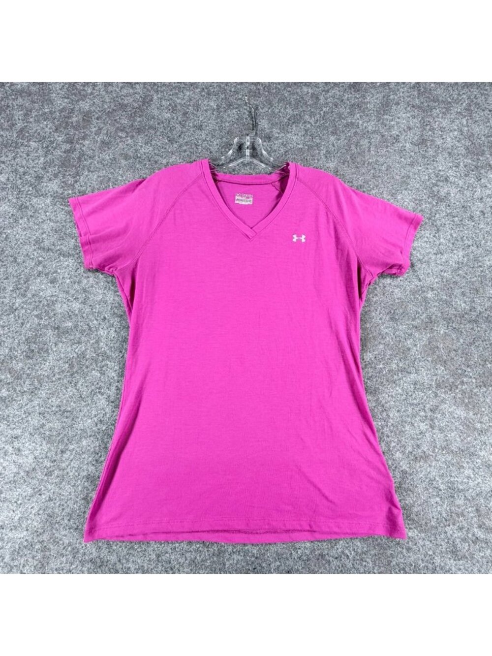 Under Armour Tech Heatgear T-Shirt Womens M Pink Loose Fit Activewear V-Neck